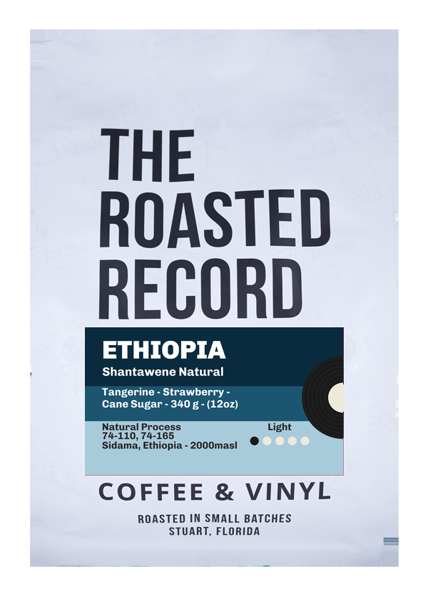 The Roasted Record Ethiopia Shantawene Natural 12 oz whole bean coffee bag